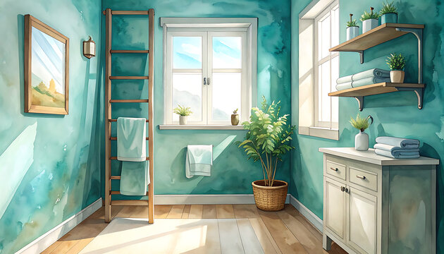 Interior design of a bathroom with green walls.