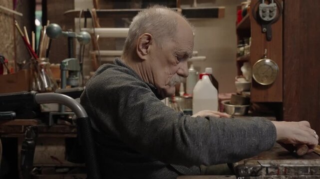 An elderly craftsman working carefully in a small traditional workshop