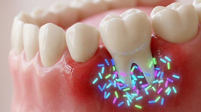 Close up 3d rendering of dental plaque and bacteria attacking tooth root and gum line highlighting oral hygiene issue and gum disease in mouth with tiny colorful microbes.