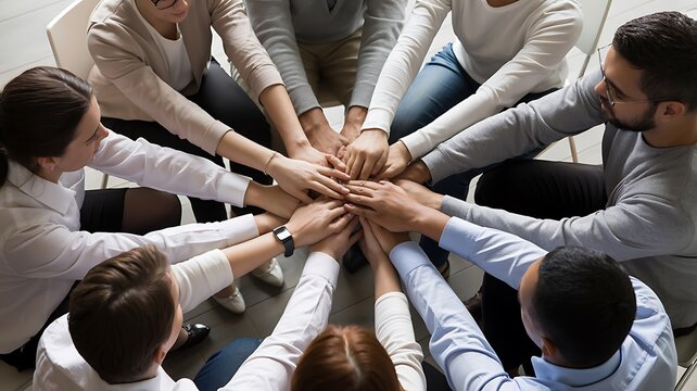 Group of business people stacking hands together in office