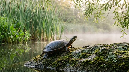 Obraz premium A small freshwater turtle with a dark glistening shell rests peacefully on a moss-covered rock at the edge of a serene pond, surrounded by tall reeds and weeping willow branches in morning mist