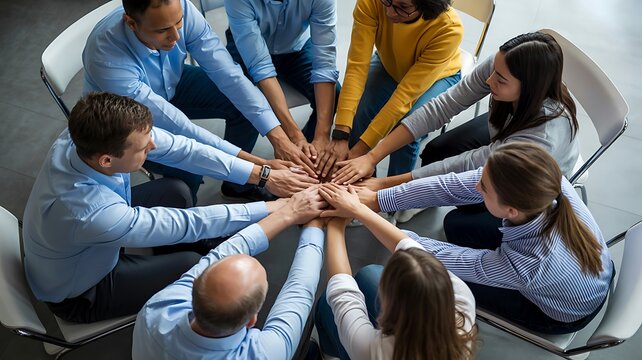 Diverse business team stacking hands together in a circle