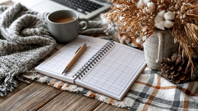 Autumn Comfort: Warm Coffee, Cozy Scarf, Notebook, and Rustic Decor