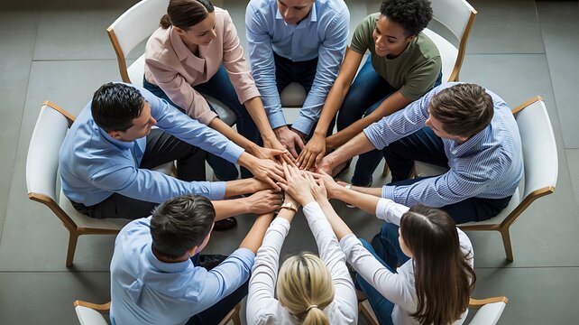 Diverse business team stacking hands in a circle meeting