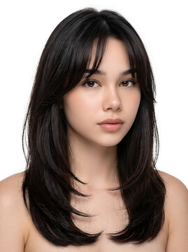 young woman with long layered hair and curtain bangs