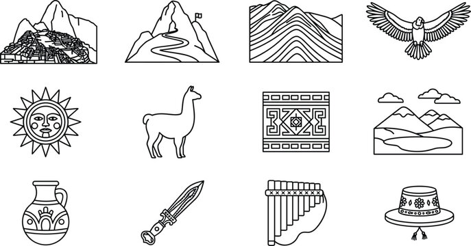Peru and Inca Culture Line Art Icon Set with Machu Picchu Llama Condor and Andean Travel Outline Vector Graphic Symbols