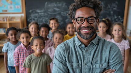 Obraz premium Smiling african american teacher stands proudly with diverse group of elementary school children in a bright classroom setting