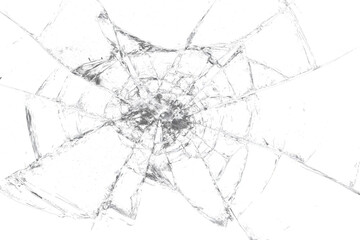 Obraz premium Transparent broken glass hole overlay PNG with realistic impact crack effect.