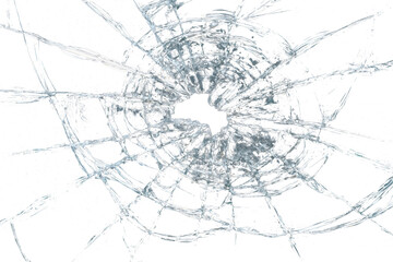 Obraz premium Transparent broken glass hole overlay PNG with realistic impact crack effect.