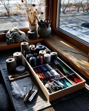 Creative craft space with colorful threads by window, winter view