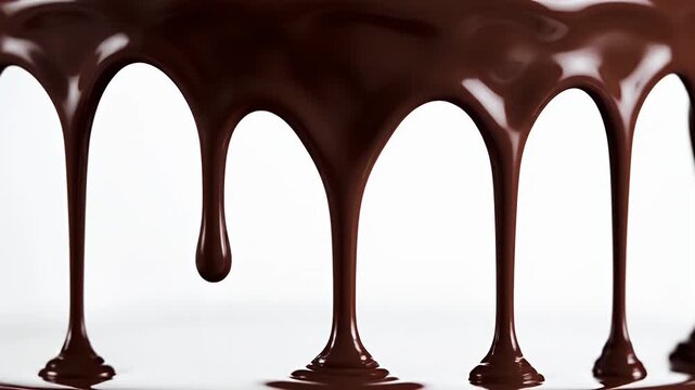 Chocolate Glaze Dripping Isolated on White Background - Close-up of glossy dark chocolate glaze cascading down against a clean white background.