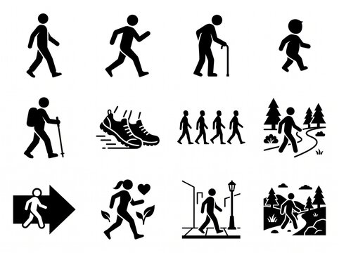 Set of walking and trekking silhouette icons for people