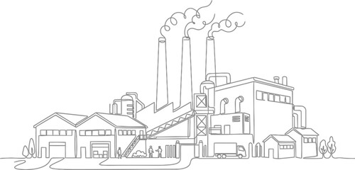 Obraz premium A continuous line art illustration of an industrial factory complex featuring smoking chimneys, warehouse buildings, a delivery truck, and workers.