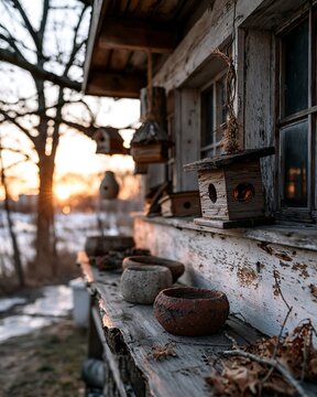 Rustic Birdhouses and Pots on a Weathered Ledge at Golden Hour Sunset