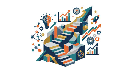 Obraz premium Isometric Business Growth Concept with Stairs Strategy and Creative Innovation Icons
