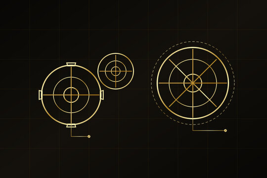 Futuristic gold HUD target interface elements, set of 3 circular aim crosshairs on black grid, high-tech tactical radar UI vector graphics