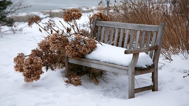 Winter Serenity: Snow-Covered Wooden Bench Amidst Dried Hydrangeas