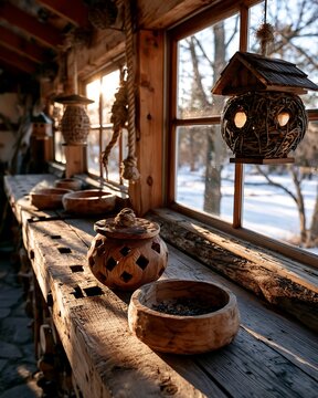 Rustic cabin interior with wooden decorations and a sunlit winter view