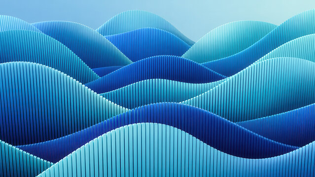 Onde geometriche astratte con lamelle blu e ciano. Generative AI 