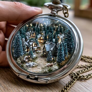 Miniature Winter Village Inside a Pocket Watch with Tiny Illuminated Homes