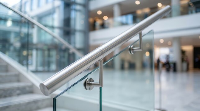 Contemporary interior with glass balustrade and stainless steel handrail on stairs.