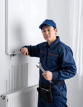 An Asian-looking man in blue work attire stands confidently, holding a wrench, near a radiator. He leans against a white wall