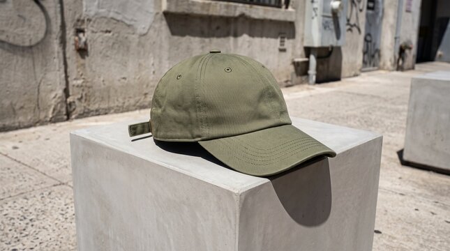 Olive green cotton dad hat mockup. Blank baseball cap on a concrete pedestal.