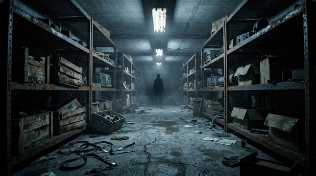 A spooky dark basement corridor with a mysterious silhouette figure standing in the distance for a halloween background