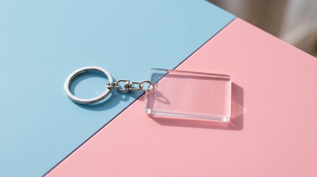 Blank acrylic keychain on colorful background. Clear plastic key ring for custom design.