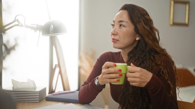 Woman holding green mug with both hands, red nails visible, seated at desk with lamp and papers in a building; calm reflection.
