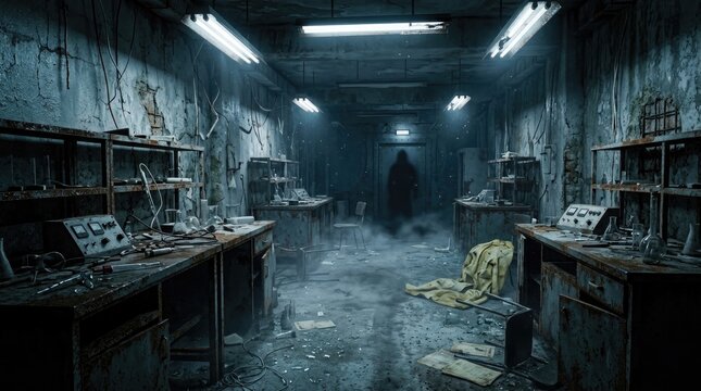 Dark abandoned workshop interior with a mysterious silhouette for a spooky halloween horror themed background or concept