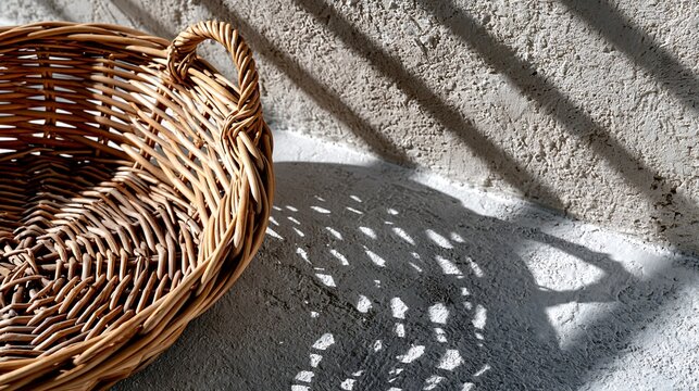 Woven Wicker Basket with Sunlight and Shadows on Textured Wall