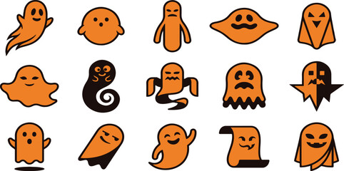 Obraz premium Set of cute orange ghost characters for halloween decorations and spooky party design elements on white background
