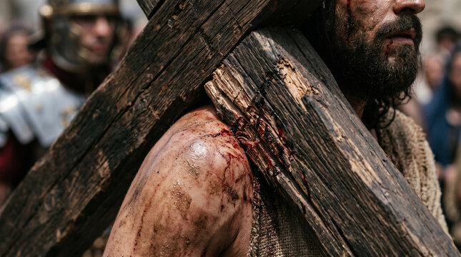 Jesus carrying the heavy, rough wooden cross through the narrow, crowded streets of Jerusalem on the Via Dolorosa