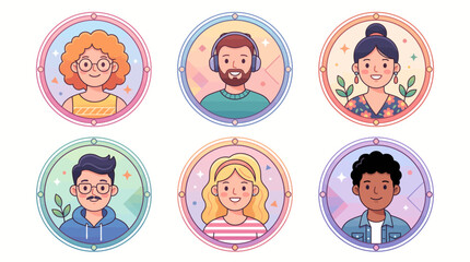 Fototapeta premium Diverse Avatars Set: A collection of six stylized, circular avatar portraits representing a diverse group of individuals with varied hairstyles, accessories, and expressions.