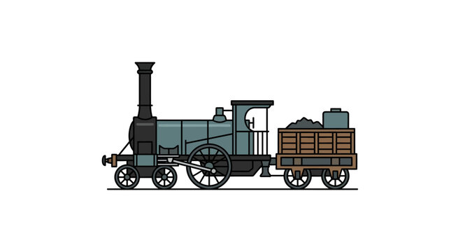 Vintage steam locomotive engine with coal tender on white background.