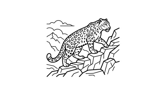 Modern Black and White Line Drawing of Leopard Perched on Rugged Mountain Terrain with high quality professional line art symbols for modern creative design and digital branding projects