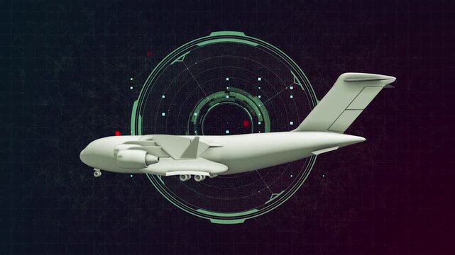 Transport aircraft rotates during digital scan in simulated radar display video military cargo plane turboprop aviation airplane aerospace display simulation computer graphic render rotating technical