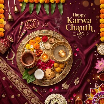 Luxury Karwa Chauth Flat Lay with Traditional Pooja Thali and Festival Ritual Items Top View