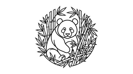 Obraz premium Industrial Style Black and White Line Drawing of a Panda Surrounded by Bamboo Leaves and Stalks Minimalist Art