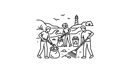 Obraz premium Creative Black and White Line Drawing of Community Beach Cleanup with Lighthouse and Recycling Symbol