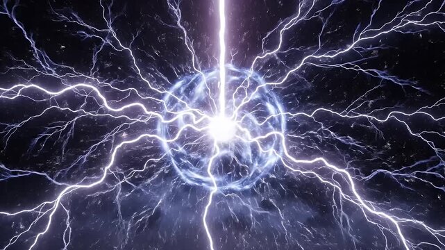 Energetic Plasma Sphere with Lightning Strikes - A bright, energetic sphere pulses with light in a dark, stormy background, surrounded by numerous electric lightning bolts.