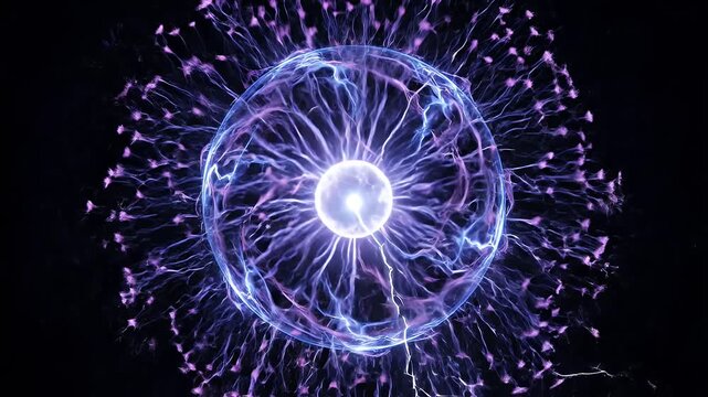 Electric Energy Sphere with Lightning Strikes - A glowing sphere of electric energy pulsates with light in the darkness, crackling with internal lightning.