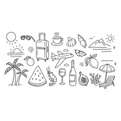 Obraz premium Mediterranean Summer Vacation Hand Drawn Vector Illustration Set with Mixed Media Collage, Watercolor Lemons, Palm Trees and Doodle Sketch Elements