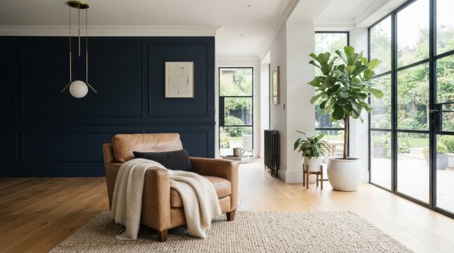 Modern living room interior with leather armchair and dark blue wall