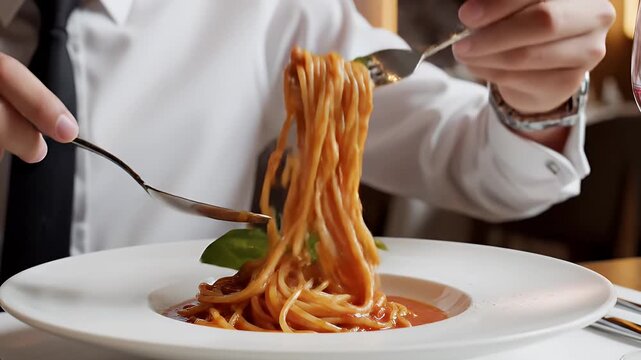 Person Twirling Spaghetti with Fork and Spoon in Fine Dining Setting - A person in a white shirt and tie expertly twirls spaghetti with a fork and spoon in a fine dining restaurant.