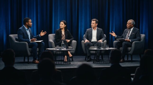 A business event featuring a panel discussion with experts discussing innovation and leadership.