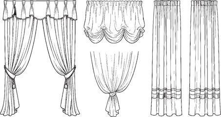 Drapery designs with delicate pleating and tie-backs on a white background for interior decoration concepts © plustration