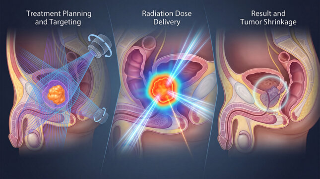 Medical illustration of radiation oncology process with tumor targeting, radiation dose deli