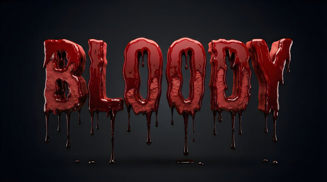 Bloody text effect with dripping red liquid, horror movie title design on dark background, 3D glossy blood letters for halloween posters